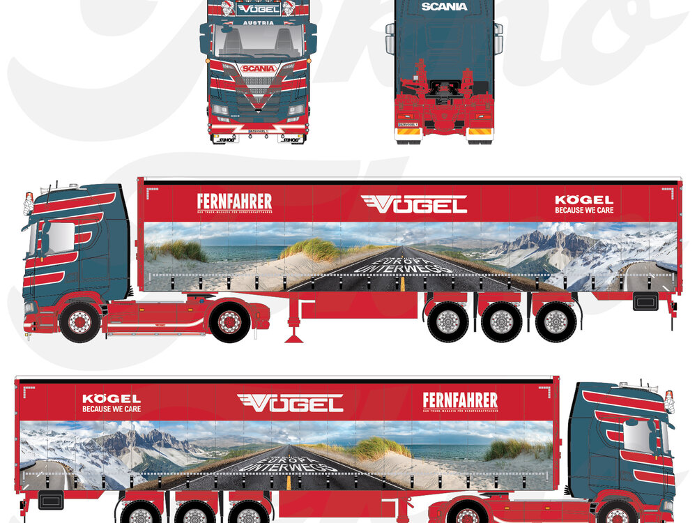 Tekno Tekno Scania Next Gen 540S Highline 4x2 met 3-assige zeiloplegger VOGEL FERNFAHRER