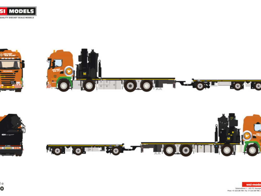 WSI WSI Scania streamline highline riged flatbed truck 8x2 with 3-axle flatbed trailer + palfinger HOLTROP VD VLIST