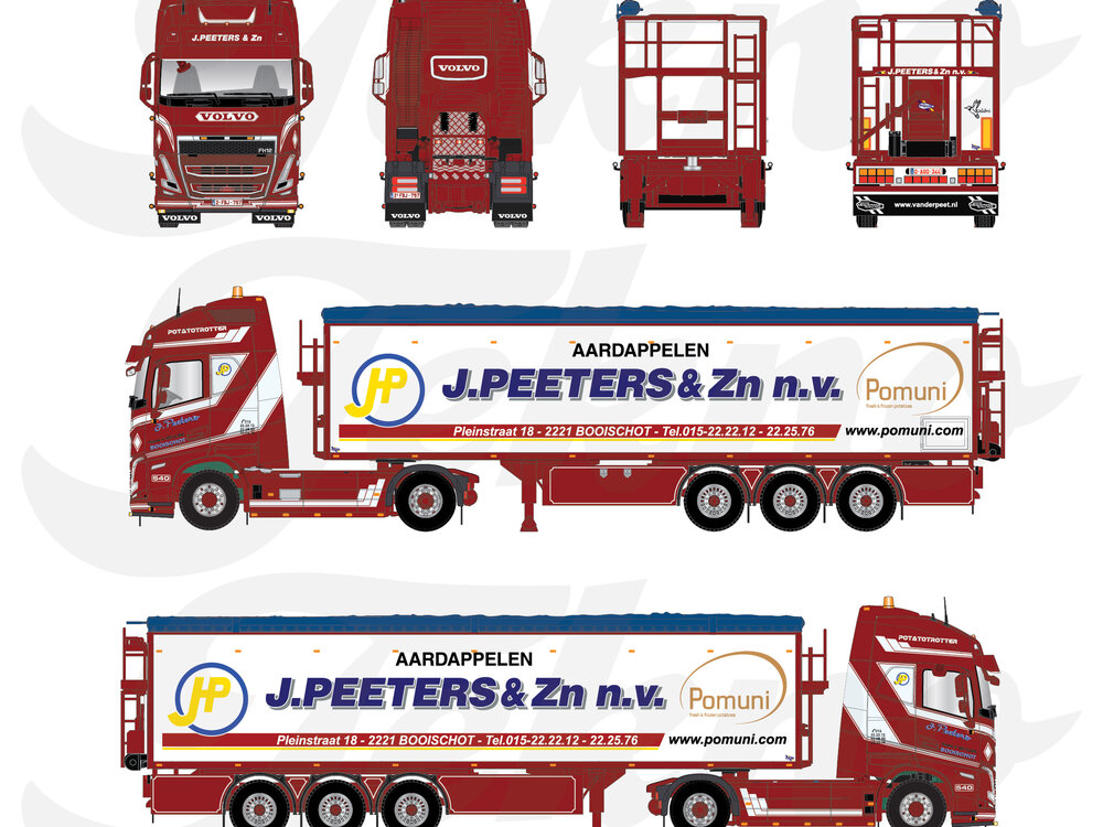 Tekno Tekno Volvo FH05 Globetrotter XL 4x2 with 3-axle potato trailer PEETERS