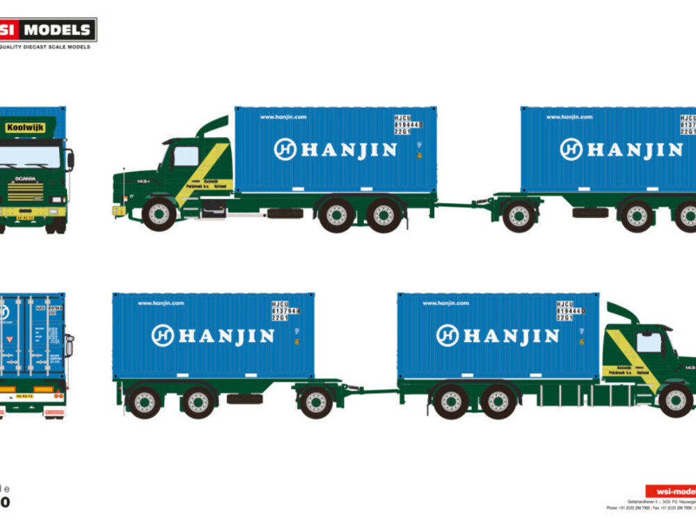 WSI WSI Scania 143H Torpedo 6x2 met 3-as container oplegger + 2x20ft. container  KOOLWIJK