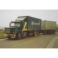 WSI Scania 143H Torpedo 6X2 rigid truck with 3-axle trailer + 2 x 20ft. container KOOLWIJK