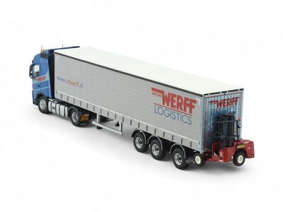 Tekno Tekno Volvo FH05 Globetrotter 4x2 met 3 assige schuifzeilenoplegger met meeneemheftruck VAN DER WERFF