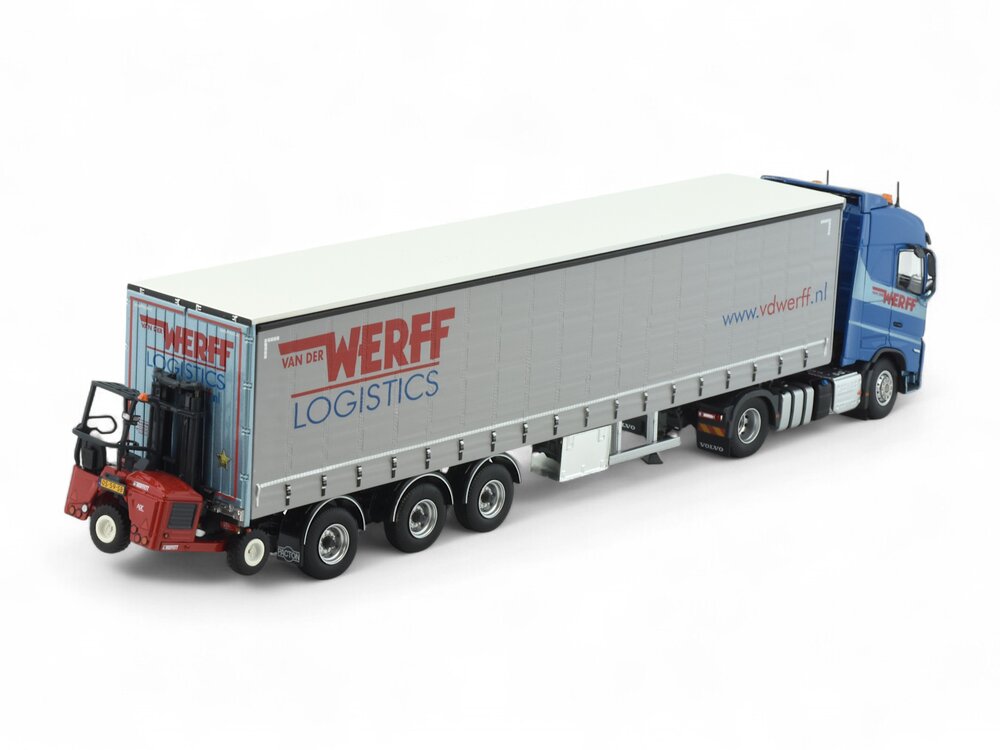 Tekno Volvo FH05 Globetrotter 4x2 met 3 assige schuifzeilenoplegger met meeneemheftruck VAN DER WERFF