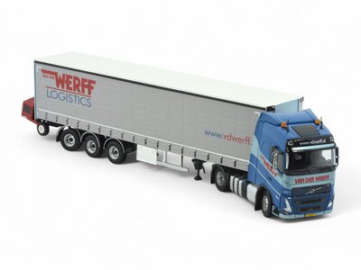 Tekno Tekno Volvo FH05 Globetrotter 4x2 met 3 assige schuifzeilenoplegger met meeneemheftruck VAN DER WERFF