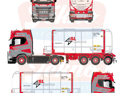 Tekno Tekno Scania S530 V8 4x2 with 3-axle container chassis + 20ft. tankcontainer SL LOGISTICS