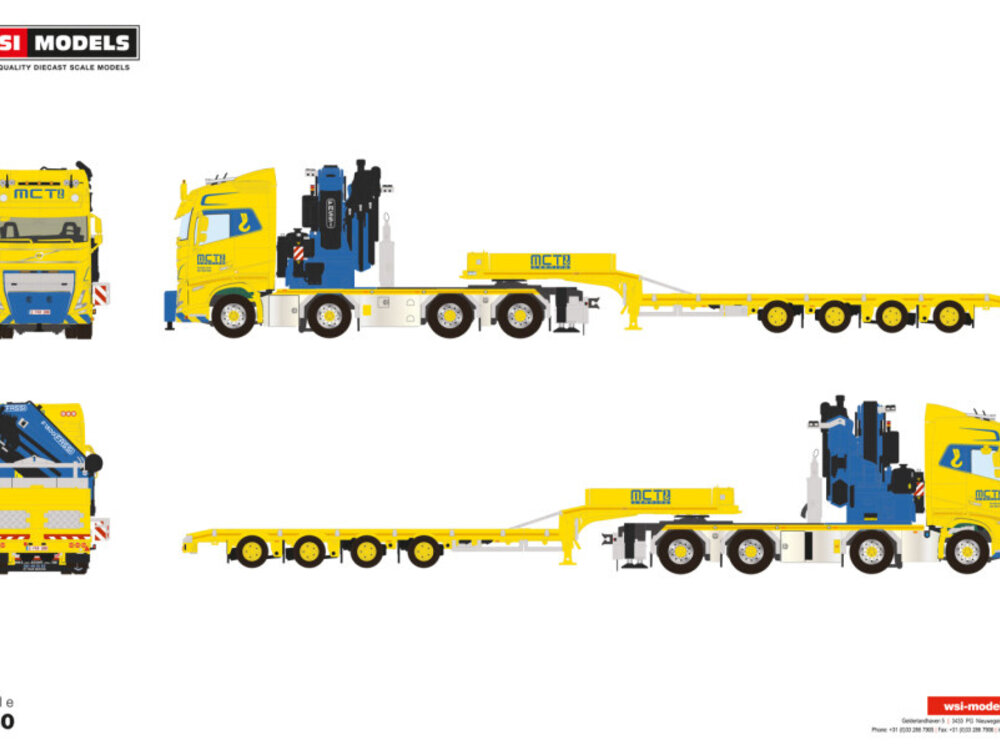 WSI WSI Volvo FH5 Globetrotter 8x4  with 4-axle semi low loader  with ramps  + fassi 1300 jib MCT CRANING