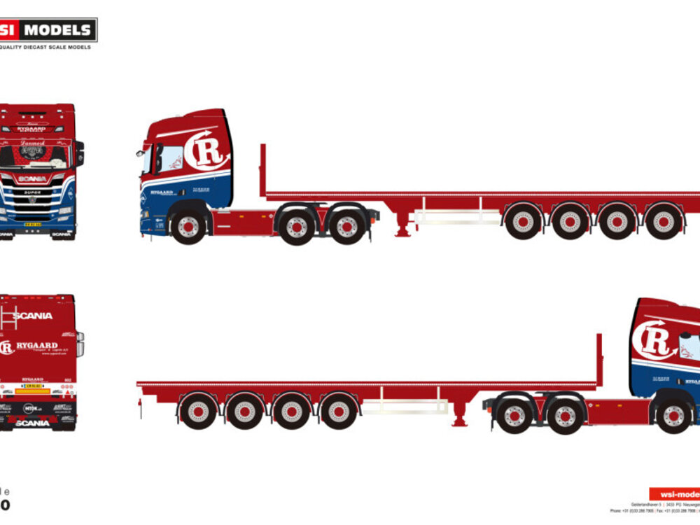 WSI WSI Scania R Highline 6x2 with 4-axle flatbed trailer RYGAARD
