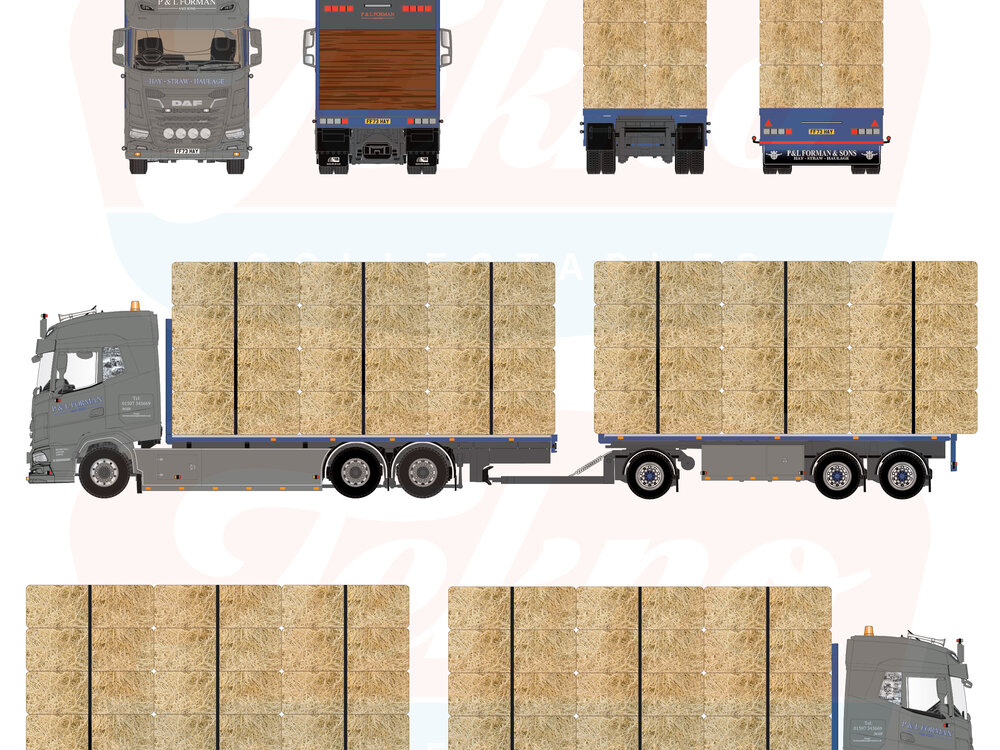 Tekno Tekno DAF XF riged truck with flatbed trailer loaded with straw P&L FORMAN
