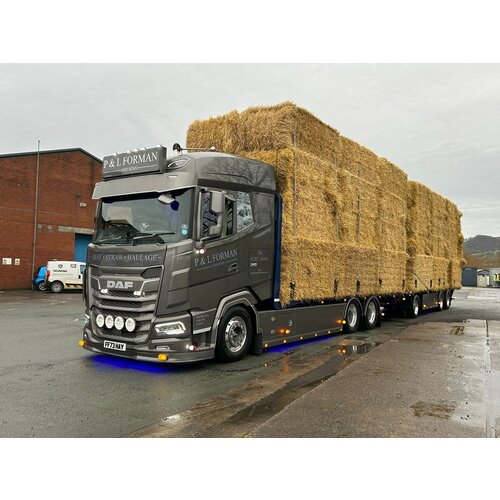 Tekno Tekno DAF XF motorwagen met vlakke aanhanger geladen met lading stro P&L FORMAN Tekno Tekno DAF XF motorwagen met vlakke aanhanger geladen met lading stro P&L FORMAN