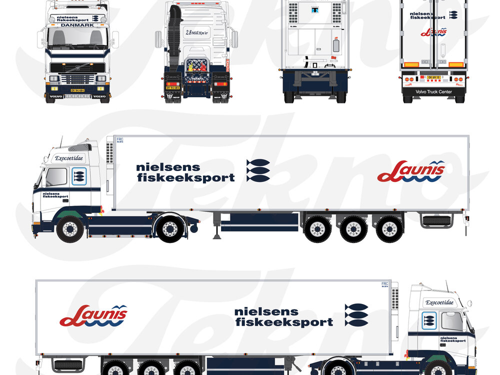 Tekno Tekno Volvo FH12 Globetrotter XL 4x2 trekker met 3 assige koeloplegger NIELSEN FISKEEKSPORT