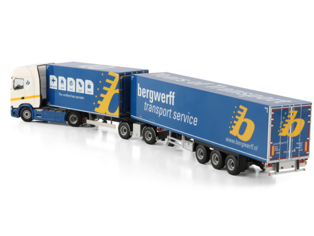 WSI WSI Scania S Highline 4x2 with 2-axle riged truck box trailer + 3 -axle drawbar road train trailer BERGWERFF TRANSPORT