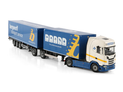 WSI WSI Scania S Highline 4x2 with 2-axle riged truck box trailer + 3 -axle drawbar road train trailer BERGWERFF TRANSPORT