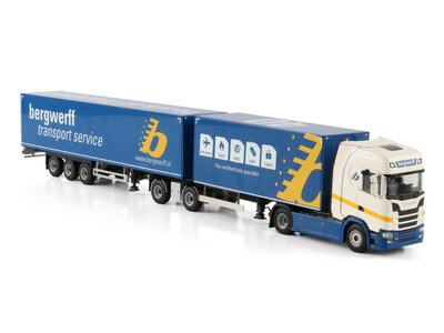 WSI WSI Scania S Highline 4x2 with 2-axle riged truck box trailer + 3 -axle drawbar road train trailer BERGWERFF TRANSPORT