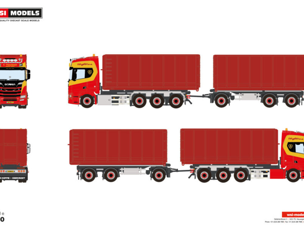WSI WSI Scania R Highline 8x2 with 7-axle combi container trailer with hooklift + 2x 40m3 container A. THEUNISSEN WEKEROM B.V.