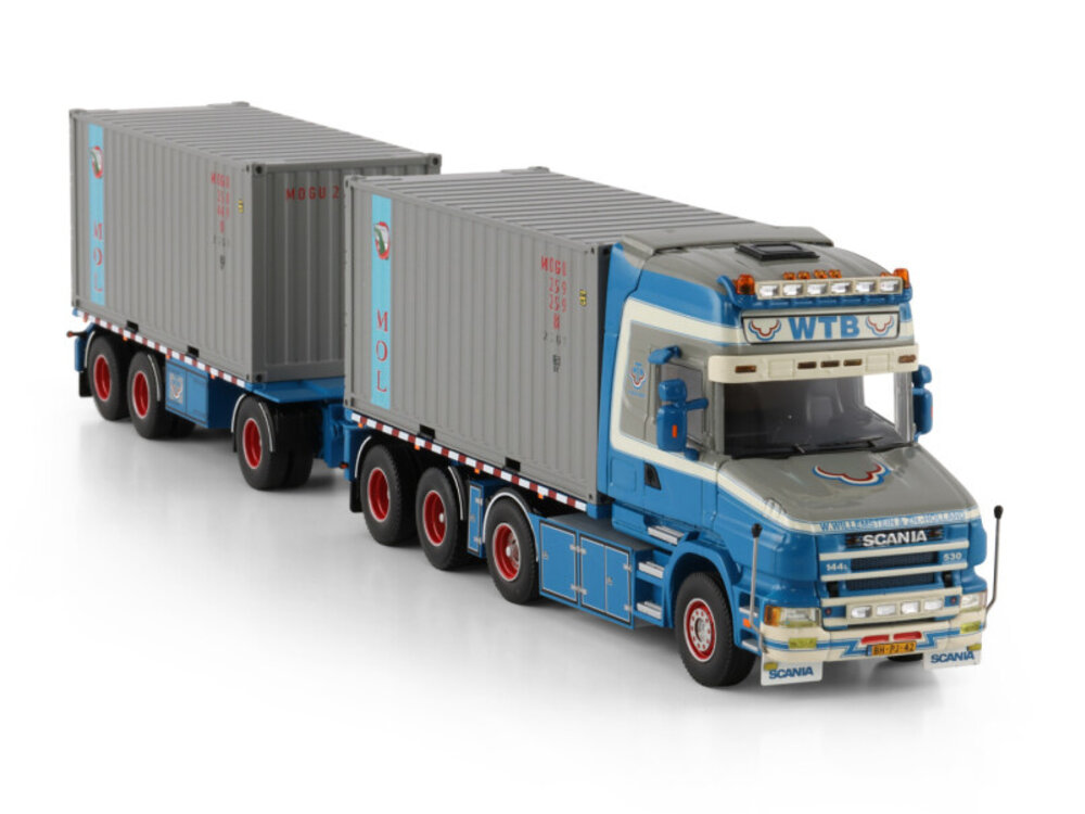 WSI WSI Scania 4-serie Torpedo topline 8x2 with 7-axle tridem riged container frame truck drawbar trailer + 2x 20FT container WTB - W. WILLEMSTEIN & ZN