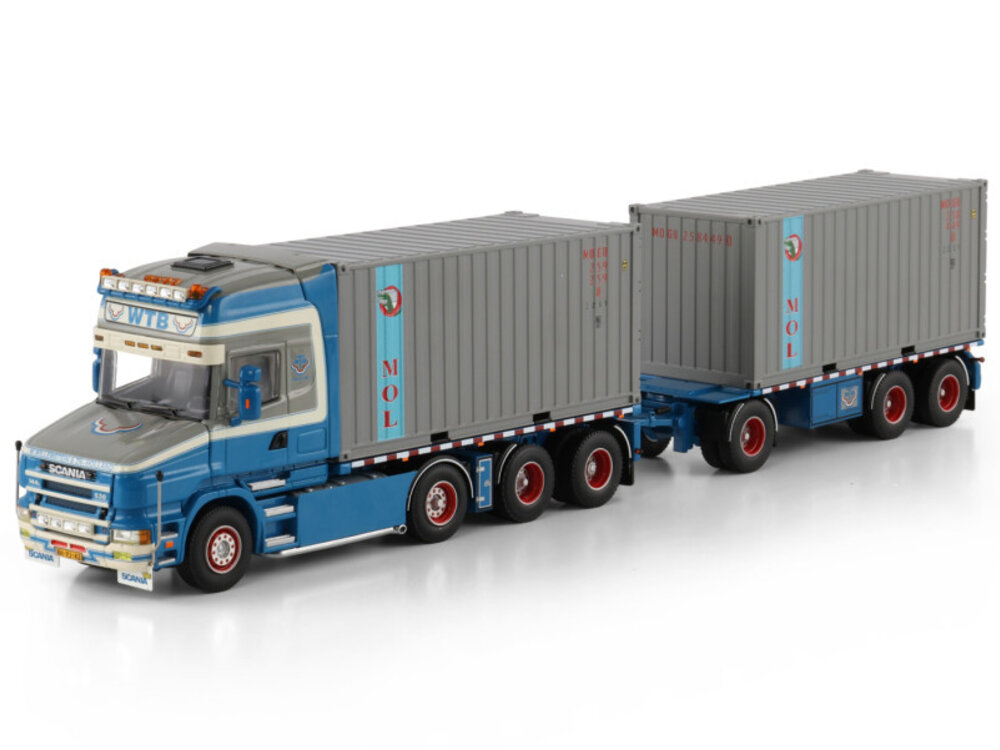 WSI WSI Scania 4-serie Torpedo topline 8x2 with 7-axle tridem riged container frame truck drawbar trailer + 2x 20FT container WTB - W. WILLEMSTEIN & ZN