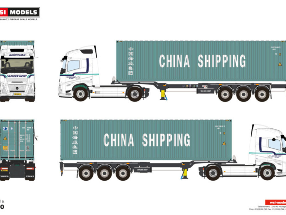 WSI WSI Volvo FH Aero Globetrotter  4x2 met 3-assige container oplegger + 40ft container VAN DER MOST