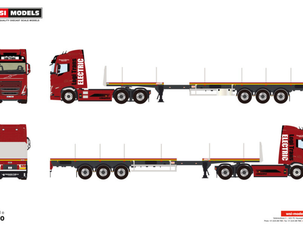 WSI WSI Volvo FH5 Globetrotter electric 6x2 with 3-axle flatbed trailer LOGI TRANS