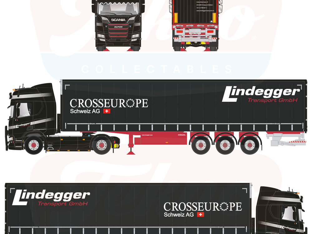 Tekno Tekno Scania Next Gen R-serie Highline met 3-assige schuifzeilen oplegger LINDEGGER
