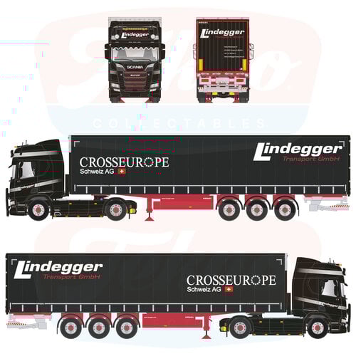 Tekno Tekno Scania Next Gen R-serie Highline met 3-assige schuifzeilen oplegger LINDEGGER Tekno Tekno Scania Next Gen R-serie Highline met 3-assige schuifzeilen oplegger LINDEGGER