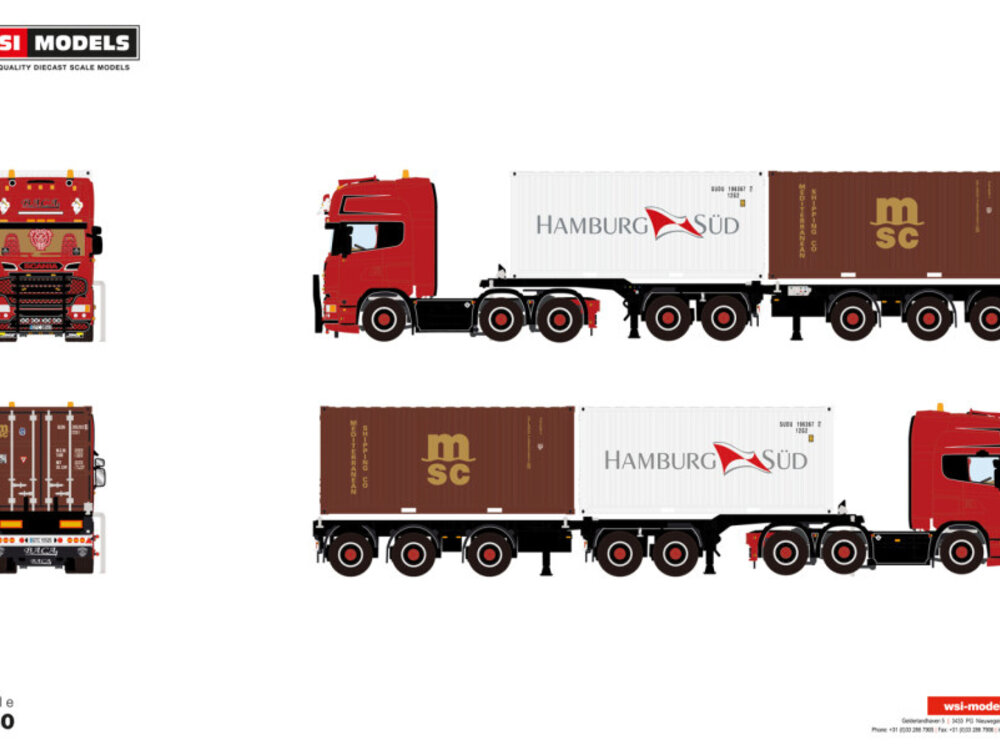 WSI WSI Scania R6 Topline 6x2 with 5-axle 2connect combi container trailer + 2x 20ft container BACA