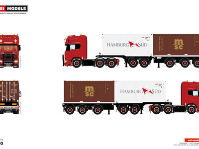 WSI WSI Scania R6 Topline 6x2 with 5-axle 2connect combi container trailer + 2x 20ft container BACA
