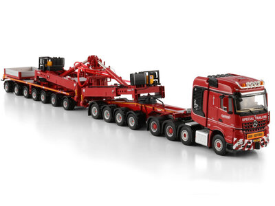 WSI WSI Mercedes-Benz Arocs MP4 SLT Big Space 8x4  with 7-axle wind mill trailer + 4-axle dolly NOOTEBOOM RED LINE