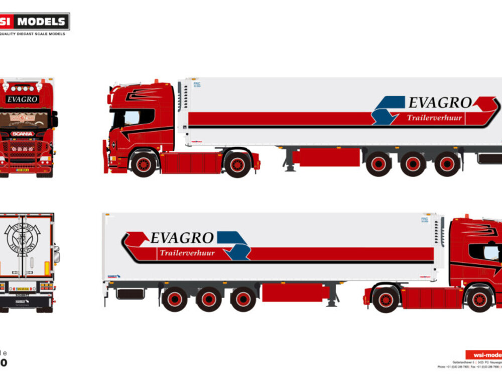 WSI WSI Scania R6 Topline 4x2 with 3-axle reefer trailer EVAGRO