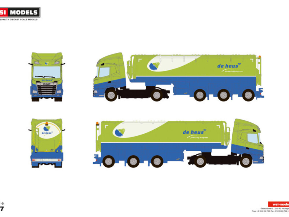 WSI WSI DAF XF SH 4x2 met 3-assige veevoer bulk trailer DE HEUS VOEDERS / Schaal 1:87