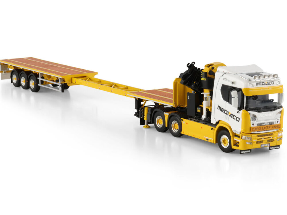 WSI WSI Scania R Normal  6x4 with flatbed trailer + palfinger PK 65002 SH + jib MEDIACO