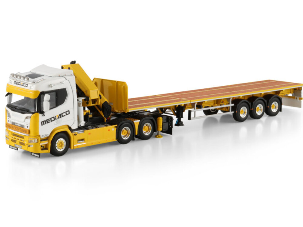 WSI Scania R Normal 6x4 with flatbed trailer + palfinger PK