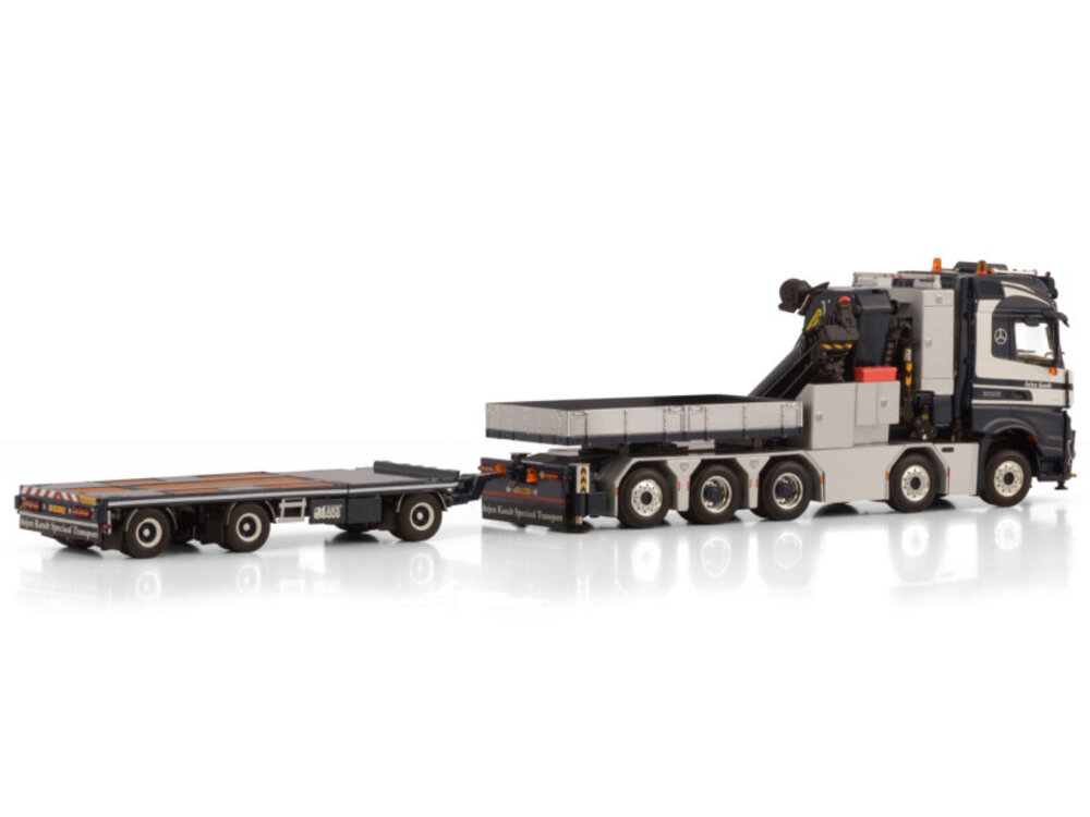 WSI WSI Mercedes- Benz Arocs MP5 big space 10x4 +3-assige flatbed drawbar trailer met palfinger + ballast box + hitch ARJEN KANDT