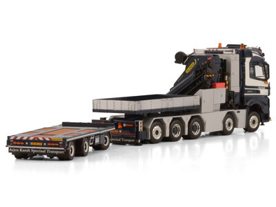 WSI WSI Mercedes- Benz Arocs MP5 big space 10x4 +3-assige flatbed drawbar trailer met palfinger + ballast box + hitch ARJEN KANDT