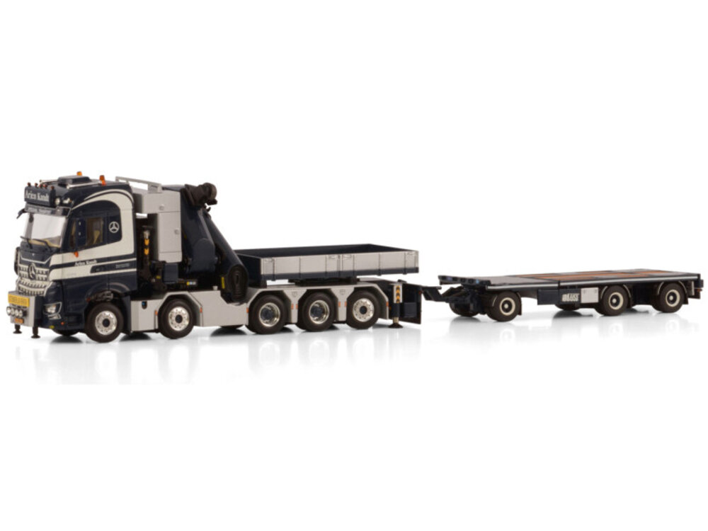WSI WSI Mercedes- Benz Arocs MP5 big space 10x4 +3-assige flatbed drawbar trailer met palfinger + ballast box + hitch ARJEN KANDT