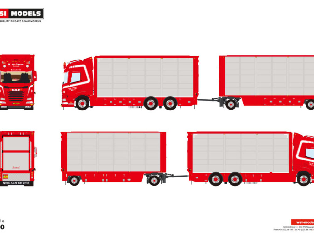 WSI WSI DAF XF SH 6x2 rigid truck drawbar with resin body - 5 axle N.G. DE GROOT