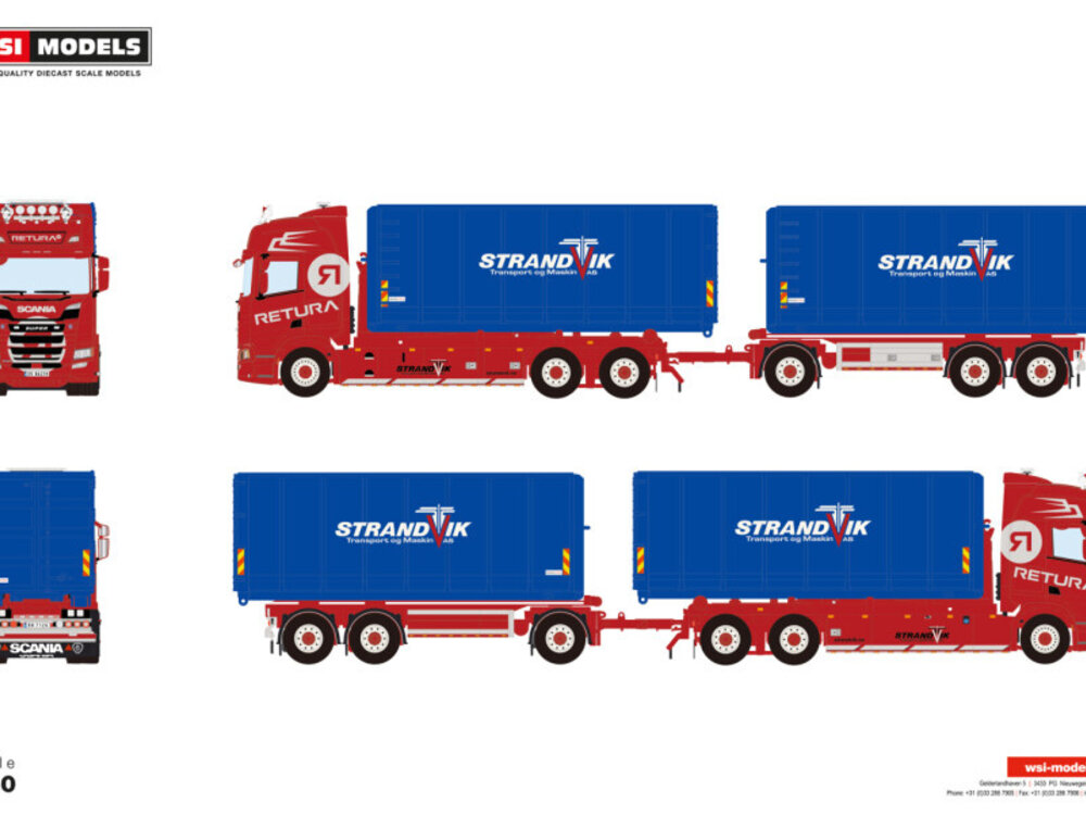 WSI WSI Scania R Highline 6x2riged truck with hooklift system with 3-axle hooklift container trailer + 2x 40m3 container RETURA
