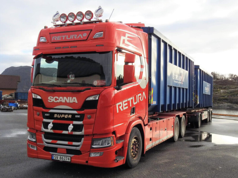 WSI WSI Scania R Highline 6x2riged truck with hooklift system with 3-axle hooklift container trailer + 2x 40m3 container RETURA