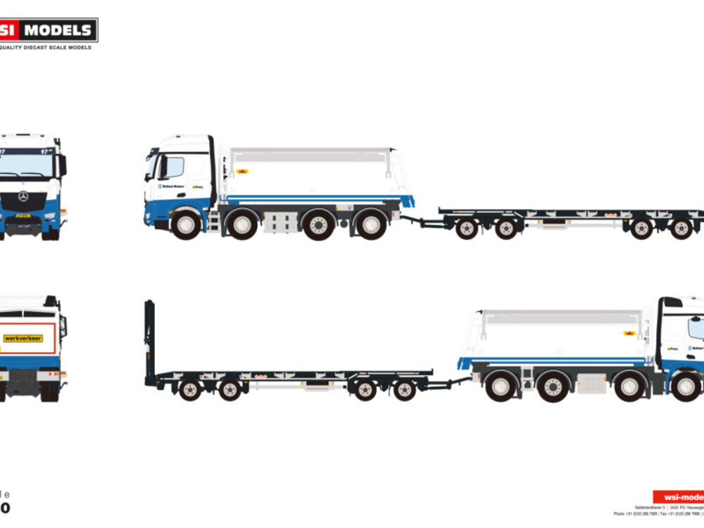 WSI WSI Mercedes Arocs MP4 Stream Space tipper truck 8x2 + 4-axle drawbar lowloader trailer BALLAST NEDAM