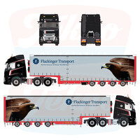 Tekno Volvo FH Aero Globetrotter XL 6x2 met 4-as Muesburger trailer FLUCKINGER