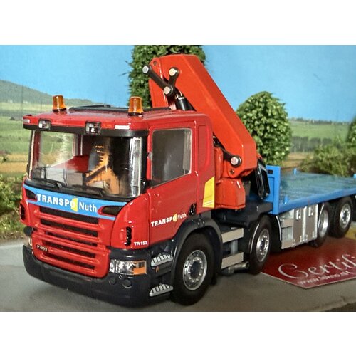 Tekno Tekno Scania P-Serie motorwagen met uitschuifbare aanhanger met vlakke laadvloer TRANSPORT NUTH Tekno Tekno Scania P-Serie motorwagen met uitschuifbare aanhanger met vlakke laadvloer TRANSPORT NUTH
