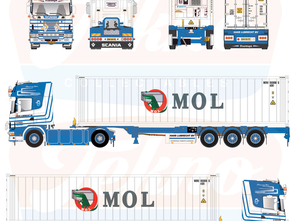 Tekno Tekno Scania 4-serie Topline 4x2 met container oplegger + 40ft. reefer container HANS LUBRECHT