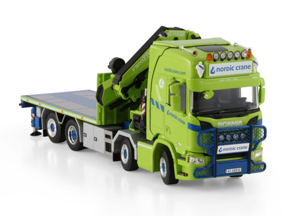 WSI WSI Scania R Highline riged flatbed truck 8x2 with fassi 1100 + jib NORDIC CRANE KYNNINGSRUD