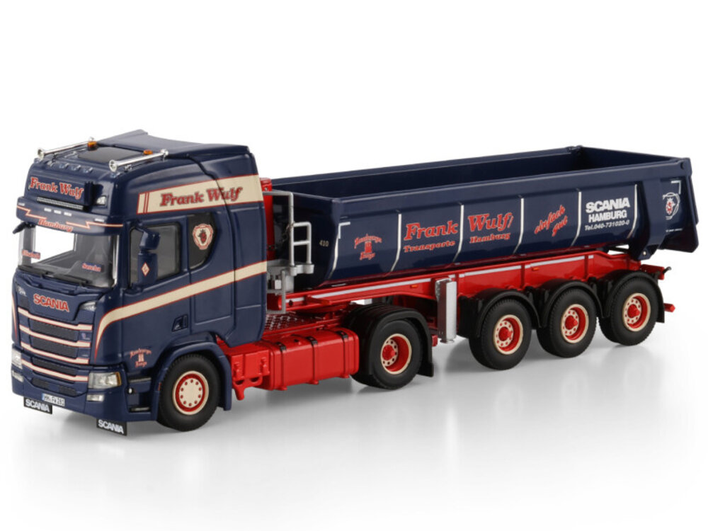 WSI WSI Scania R Highline 4x2 + 3-axle half pipe tipper trailer FRANK WULF