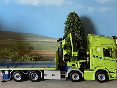 WSI WSI Scania R Highline riged flatbed truck 8x2 with fassi 1100 + jib NORDIC CRANE KYNNINGSRUD