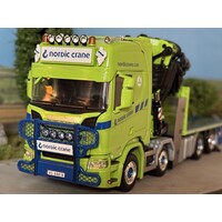 WSI Scania R Highline riged flatbed truck 8x2 with fassi 1100 + jib NORDIC CRANE KYNNINGSRUD