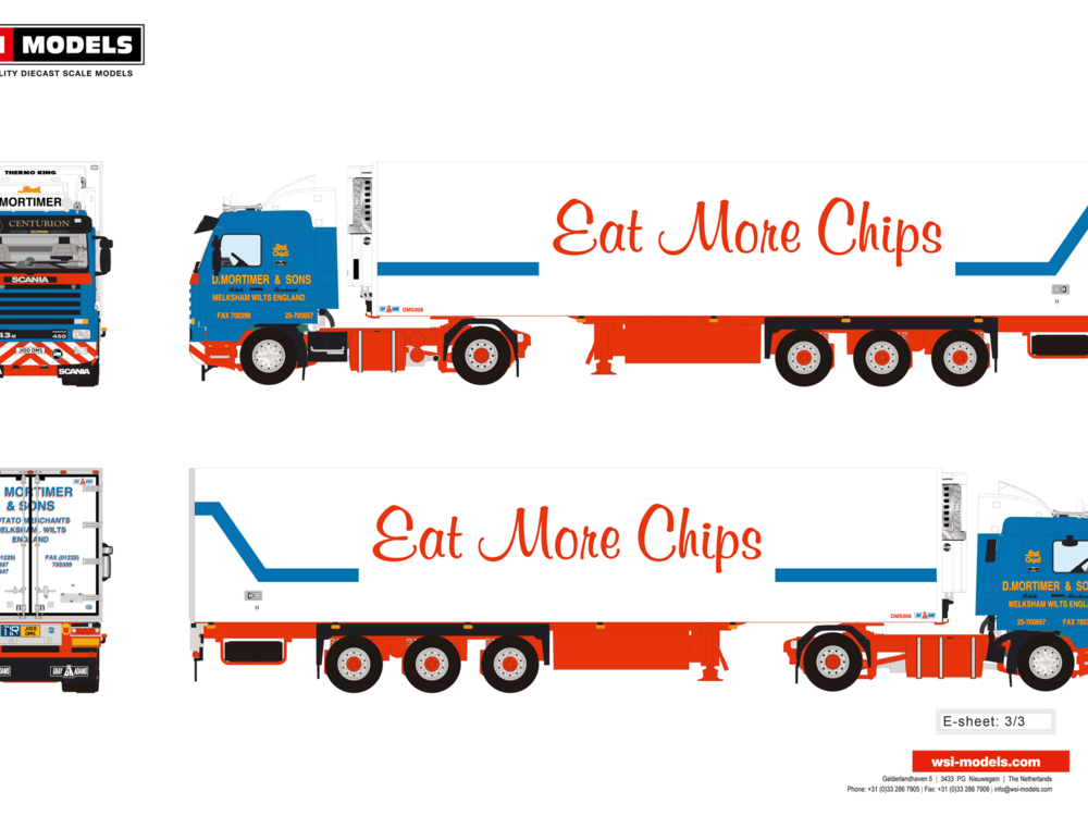 WSI WSI Scania 143M streamline 4x2 with 3-axle reefer trailer D. MORTIMER & SONS ENGLAND