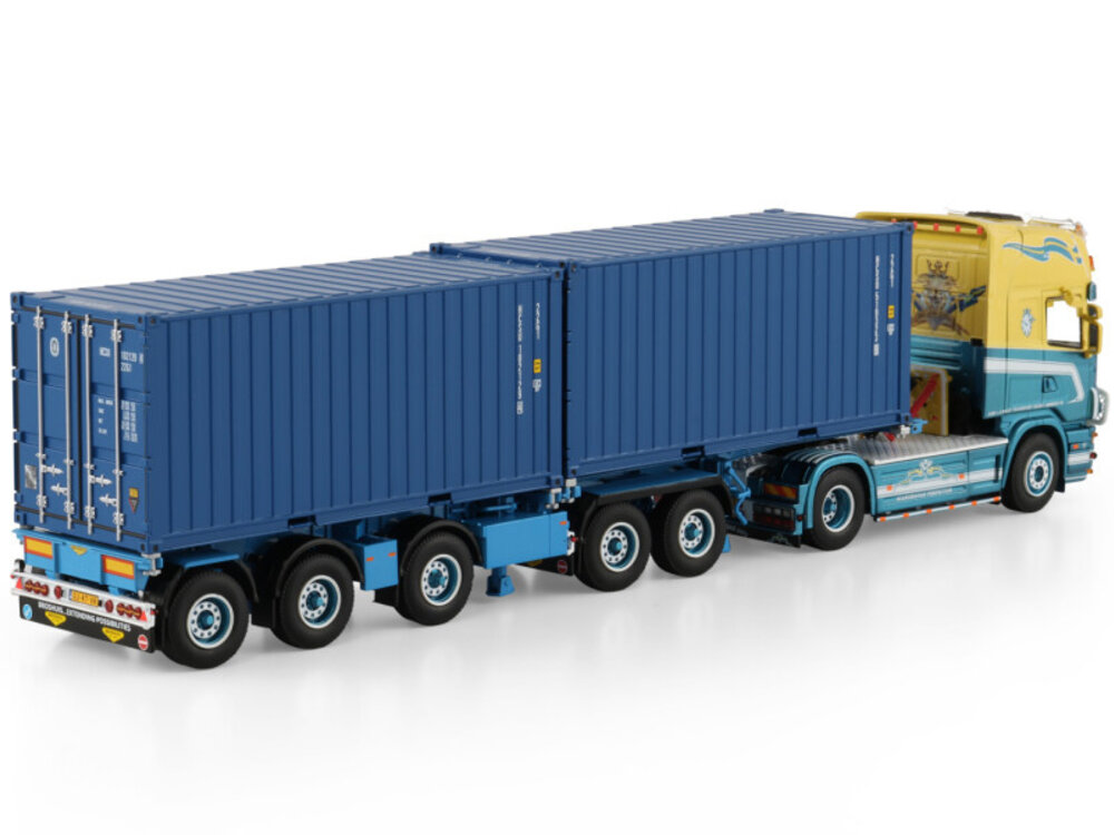 WSI WSI Scania 4-serie Topline 4x2 with 5-axle 2connect combi trailer + 2x 20ft container JOHN V. D. MADE