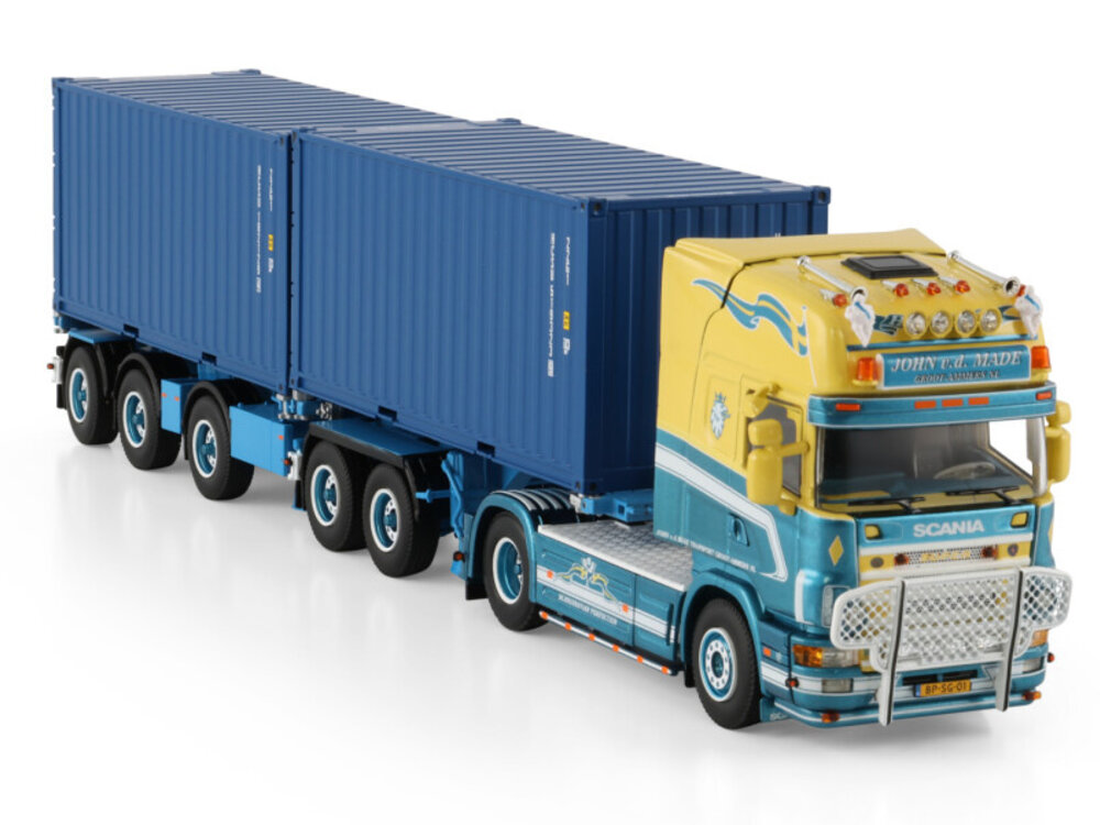 WSI WSI Scania 4-serie Topline 4x2 with 5-axle 2connect combi trailer + 2x 20ft container JOHN V. D. MADE