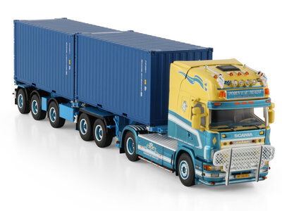 WSI WSI Scania 4-serie Topline 4x2 with 5-axle 2connect combi trailer + 2x 20ft container JOHN V. D. MADE