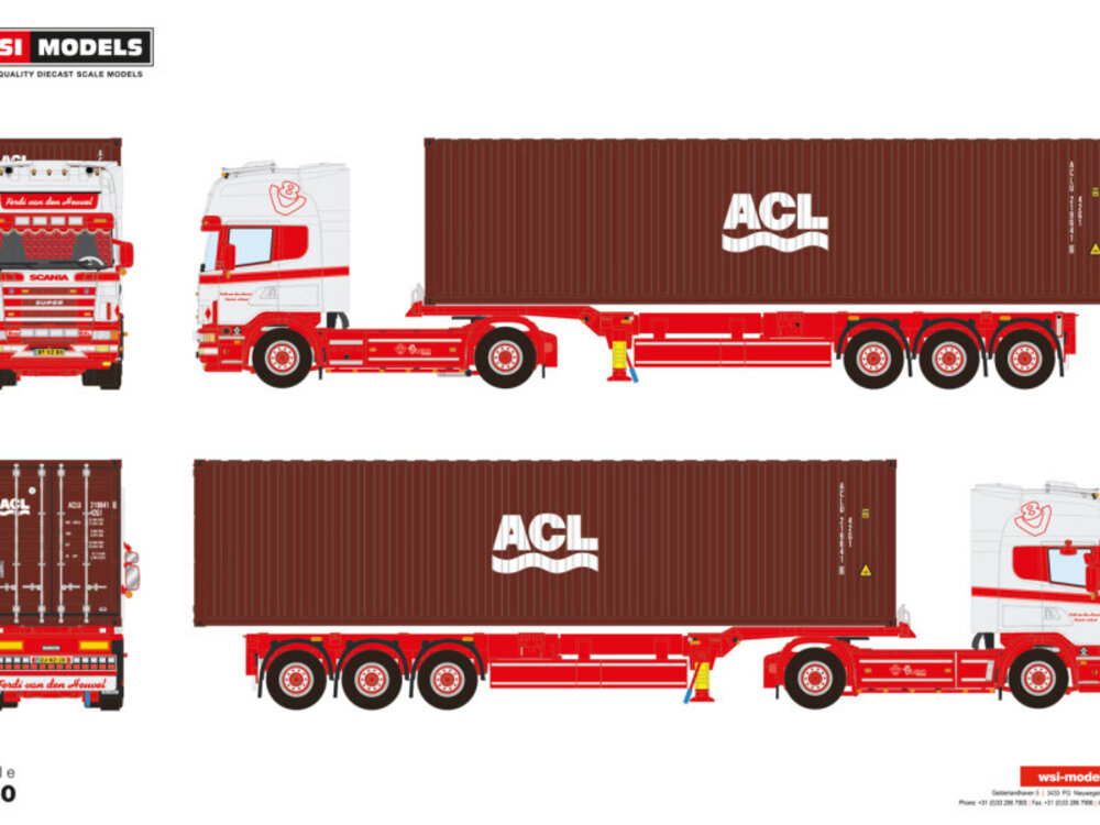 WSI WSI Scania 4-serie Topline met 3-as container oplegger + 40ft. container FERDI VAN DEN HEUVEL